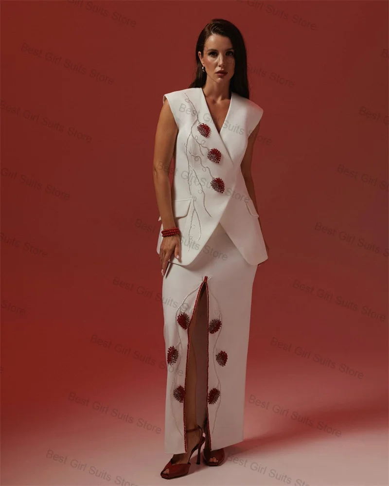 

Crystals White Women Suit Set 2 Pcs Vest+Prom Dress Autumn Formal Office Lady Sleeveless Jacket Customized Guest Wedding Tuxedos