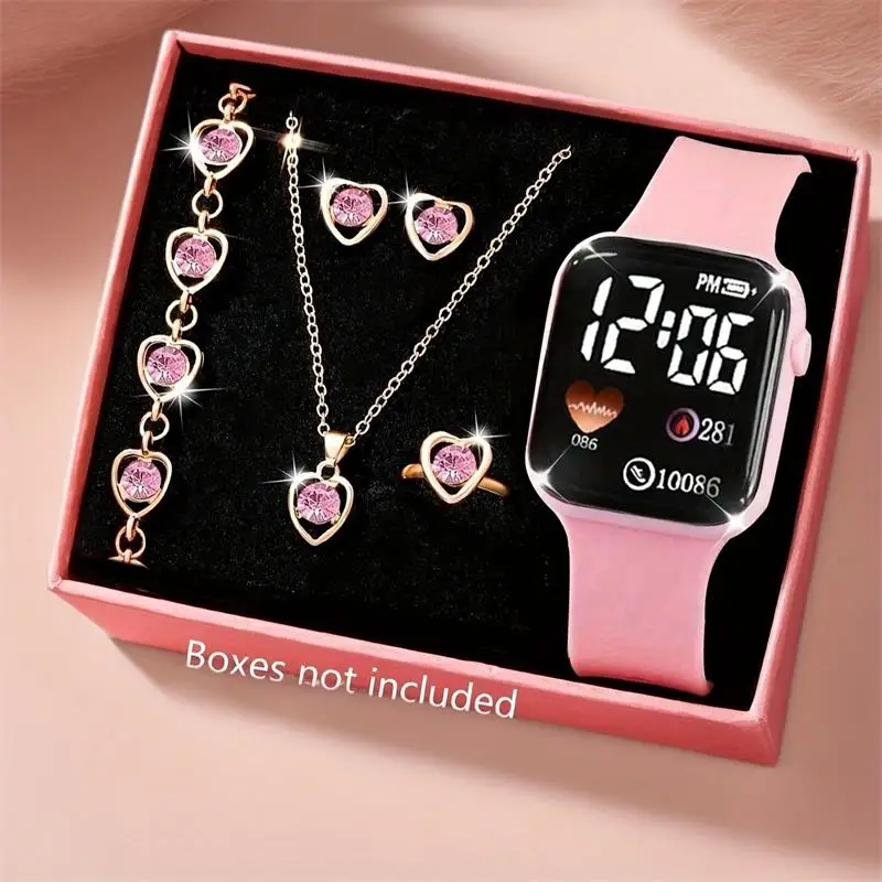 Sports Multifunctional Mini Electronic Watch Set With Heart-Shaped Trendy Accessories Necklace Earrings Ring Set for Teenagers