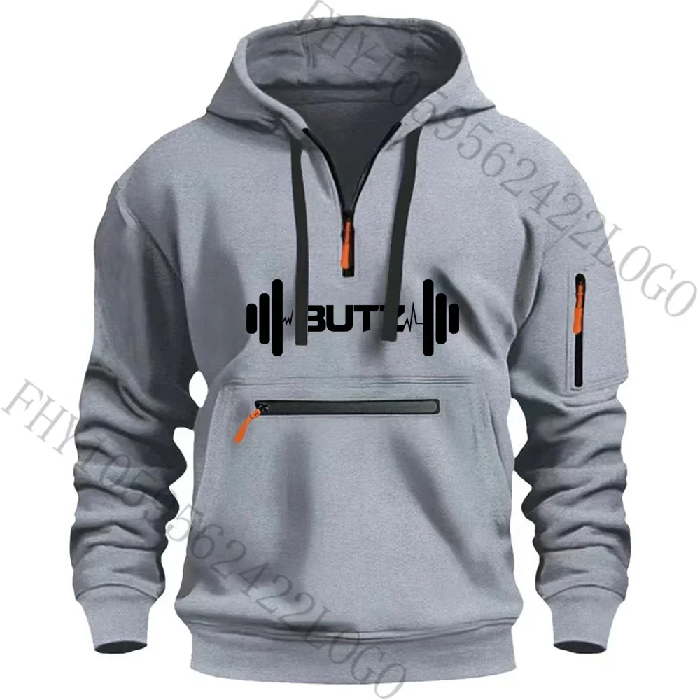 2024 Autumn and winter new men\'s outdoor leisure fitness running sports clothing fashion multi-zipper arm pocket hoodie