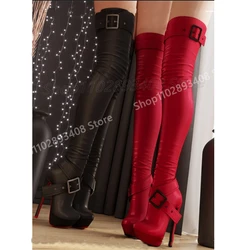 Red Sexy Cross Buckle Belt Over the Knee Boots Platform Stiletto High Heel Fashion Women Shoes 2025 Spring Zapatos Para Mujere