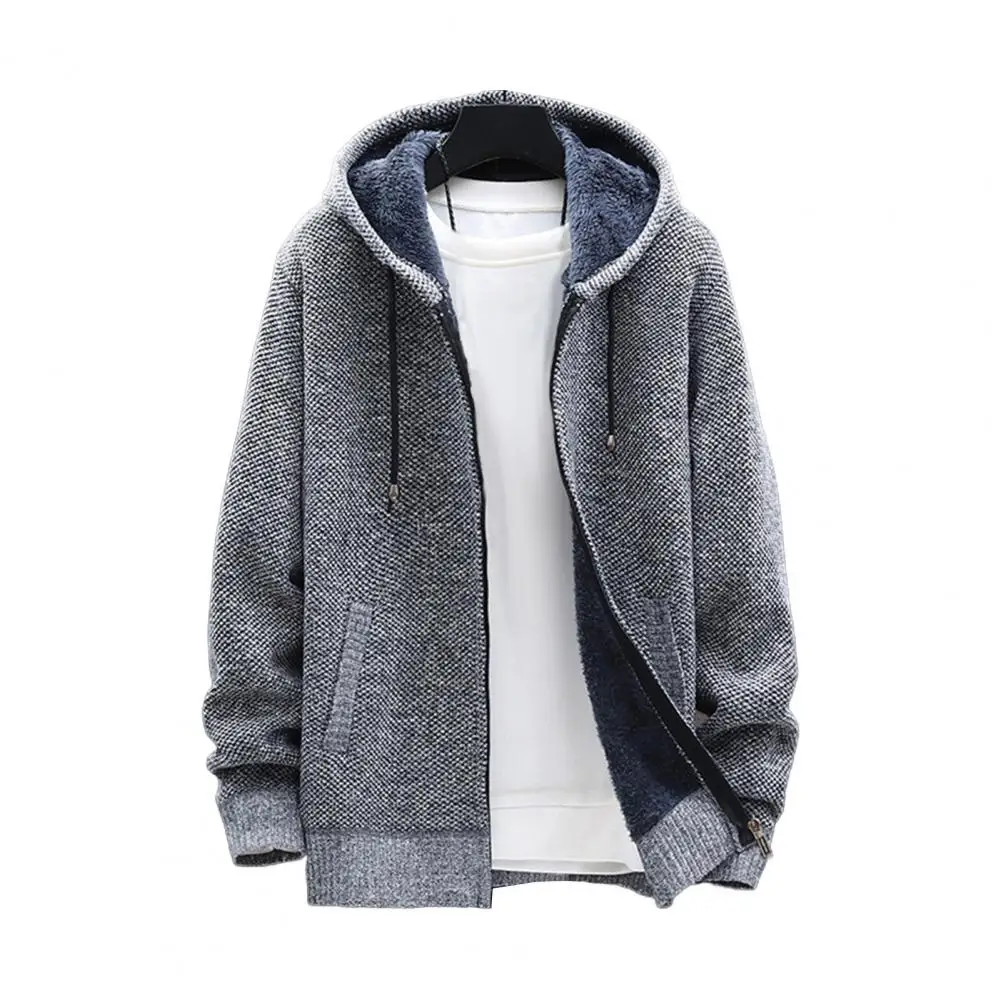 Hooded Zipper Men Jacket Men's Winter Fleece Hooded Jacket With Drawstring Zip-up Sweater Coat Elastic Cuff Retro For Wear