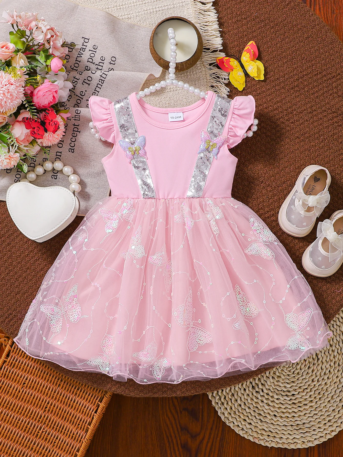 Girls Sweet Butterfly Sequin Tulle Skirt Pink with Fairy Wings Princess Dress 3D Butterfly Decoration Shiny Strap Design