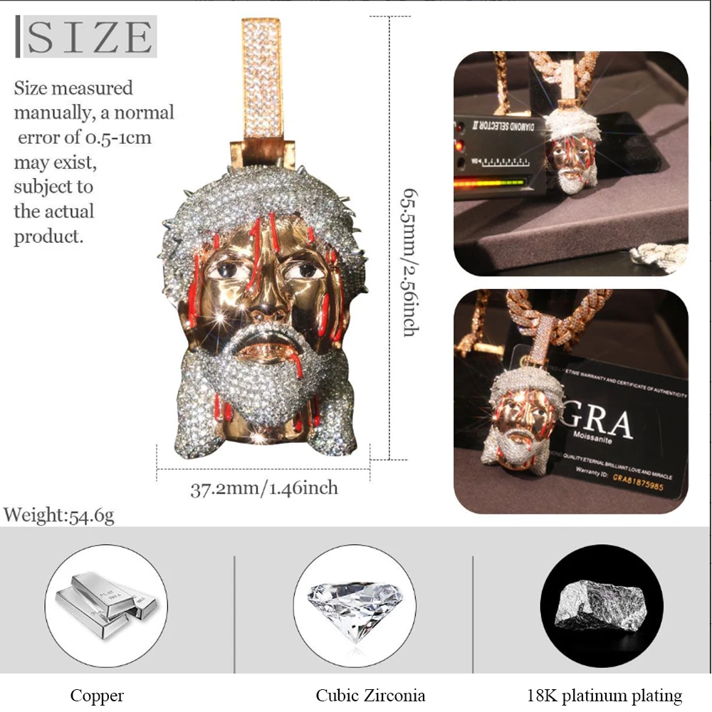 Bling Iced Out CZ Jesus Head Pendant Red Enamel Religious Hip Hop Jewelry Cuba Chain Necklace Accessory Anniversary Rapper Gifts