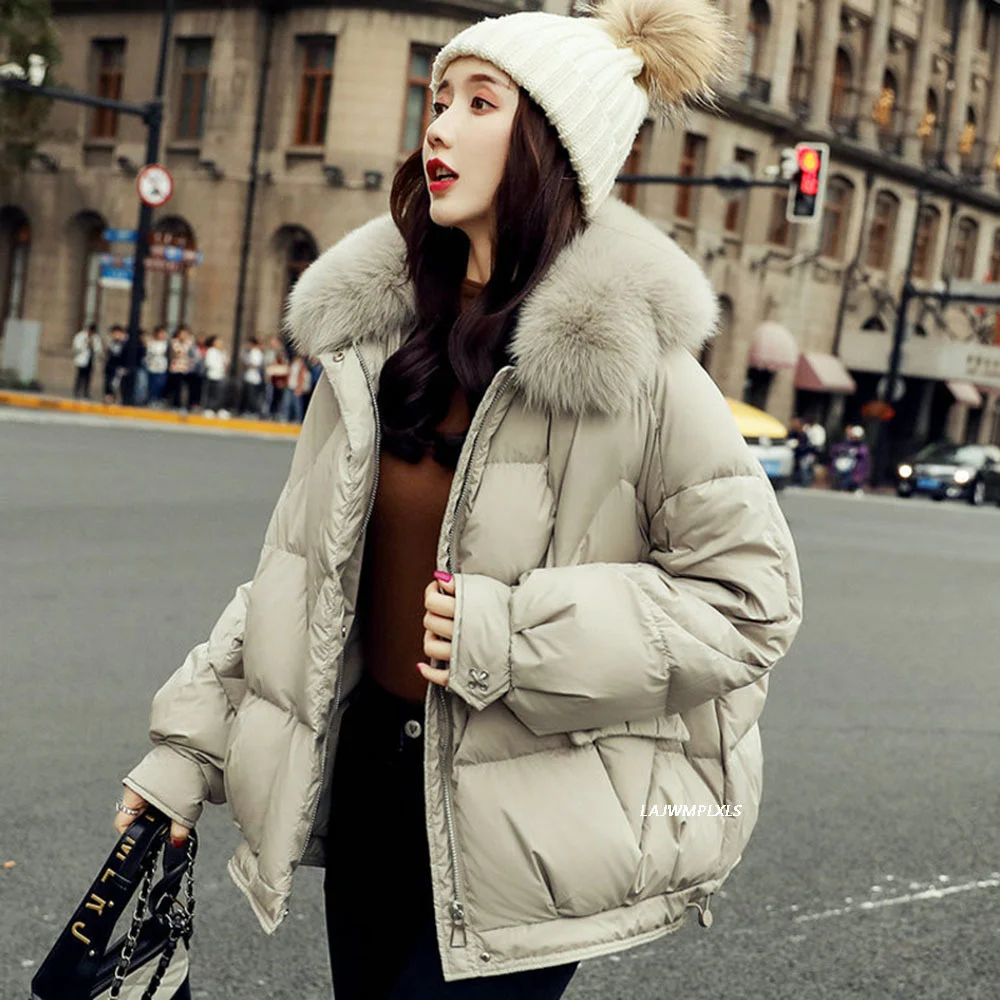 Natural Fox Fur Large Hooded Winter Coat Women 90% White Duck Down Jacket Thick Warm Parkas Female Outerwear Pure Color