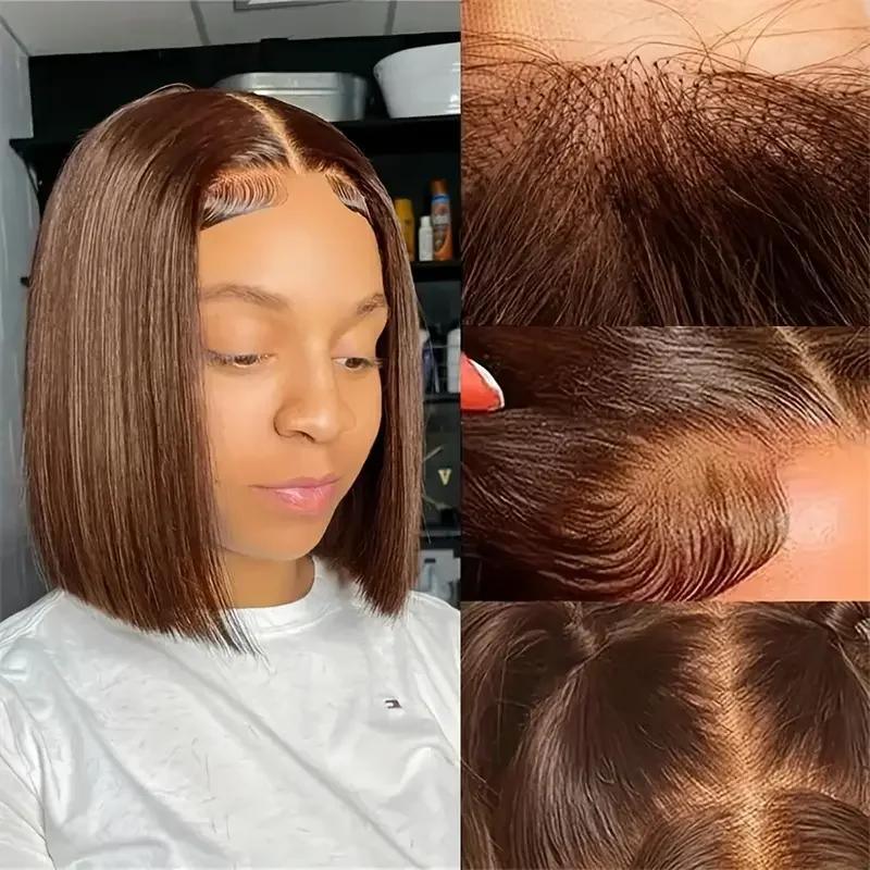 200 densityBrazilian Human Hair  Chocolate Brown Short Bob Bone Straight 13x4 HD Transparent Lace Front Human Hair Wig For Women image 2