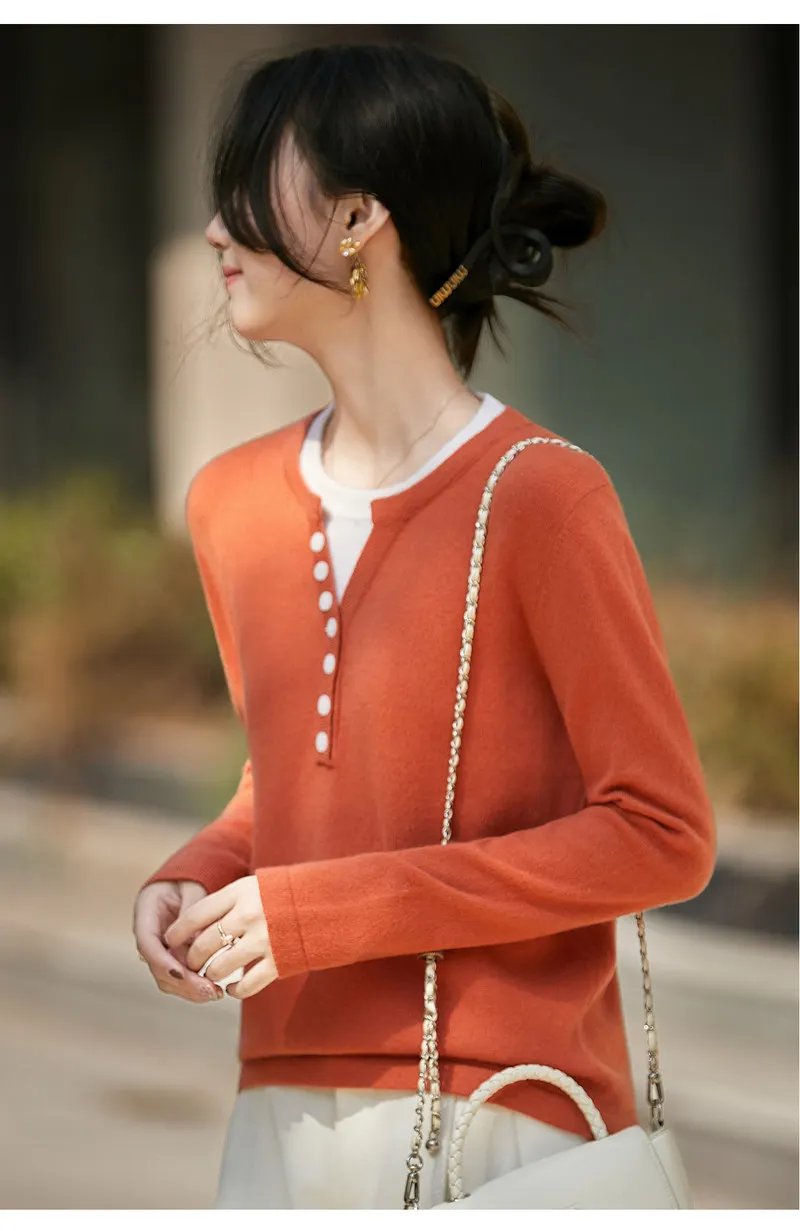100% pure cashmere bottoming sweater ladies color matching fake two-piece sweater round neck female long sleeve