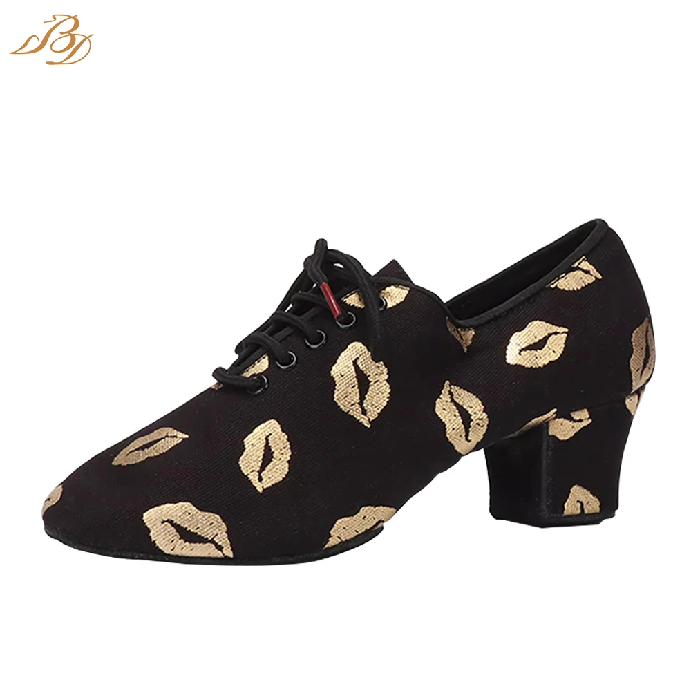 Performance Practice Latin Shoes for Girls High Heels Gold Oxford Cloth Adult Sports Social Dancing Sneakers Competition BDT1-B