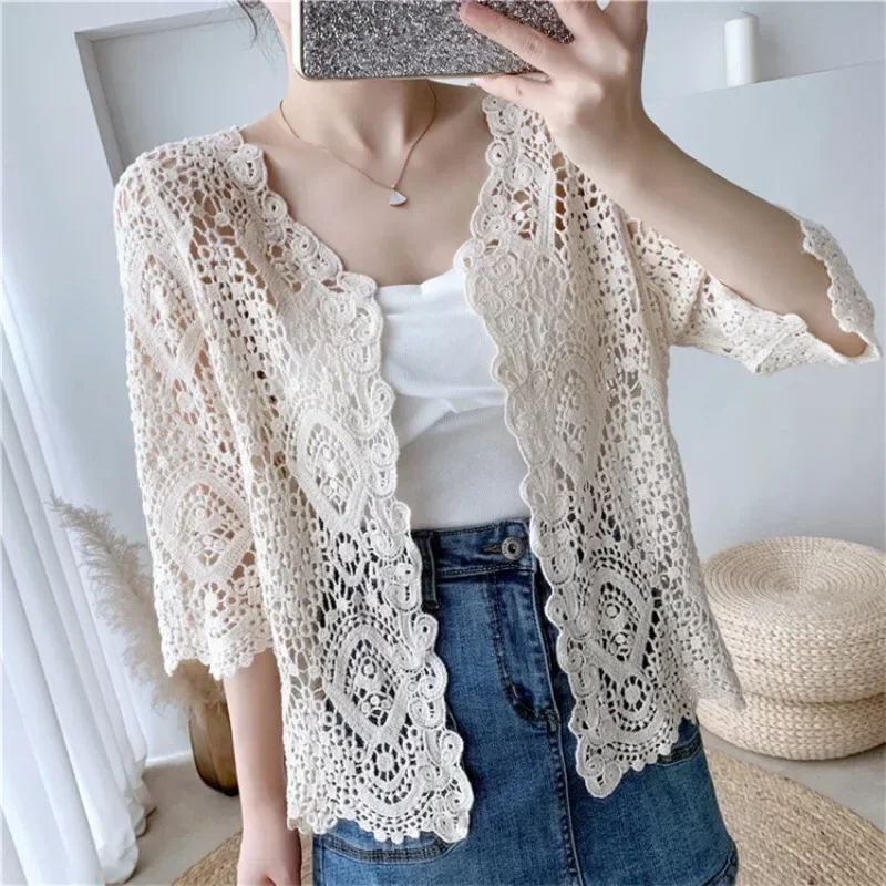 Ethnic Style Embroidery Cardigan Harajuku Hollowed Out Thin Coat Women Beachwear Cardigans Basic Jacket Fashion Streetwear Cloth