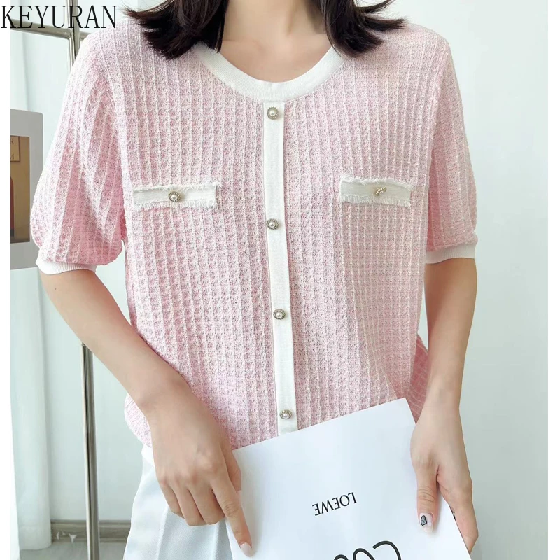 2024 Summer Pink Striped Short Sleeve Sweater Women Ice Silk Knitted T-shirt Vintage O-Neck Pullover Thin Knitwear Tops Jumper