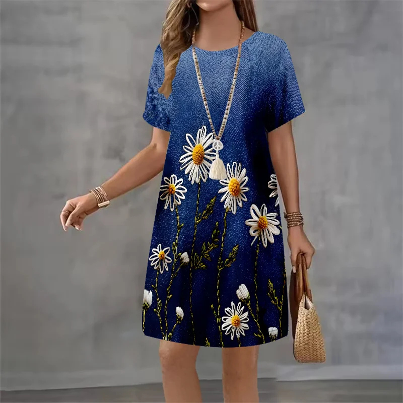 

Модное платье с имитацией джинсового принта, винтажное элегантное женское повседневное платье трапециевидной формы с 3D цветами, большой размер, Fmeale Street, индивидуальное платье