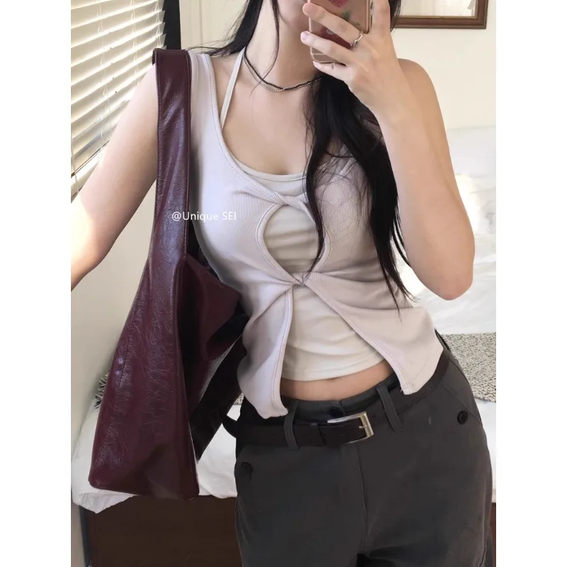 Fake Two Pieces Hollow Pleated Sexy Slim Camisole Women 2025 Summer New High Street Fashion All Match Lace Up Halter Crop Tops