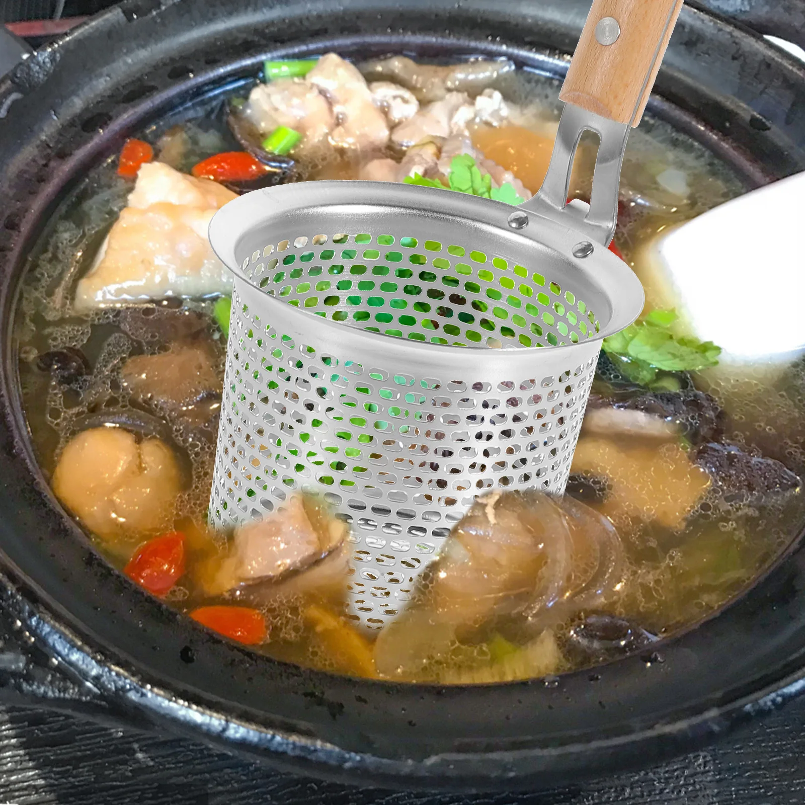 

Mesh Stainless Steel Pasta Strainer Spoon Wooden Handle Hot Pot Noodle Basket Food Colander Kitchen Tool Pasta Strainer