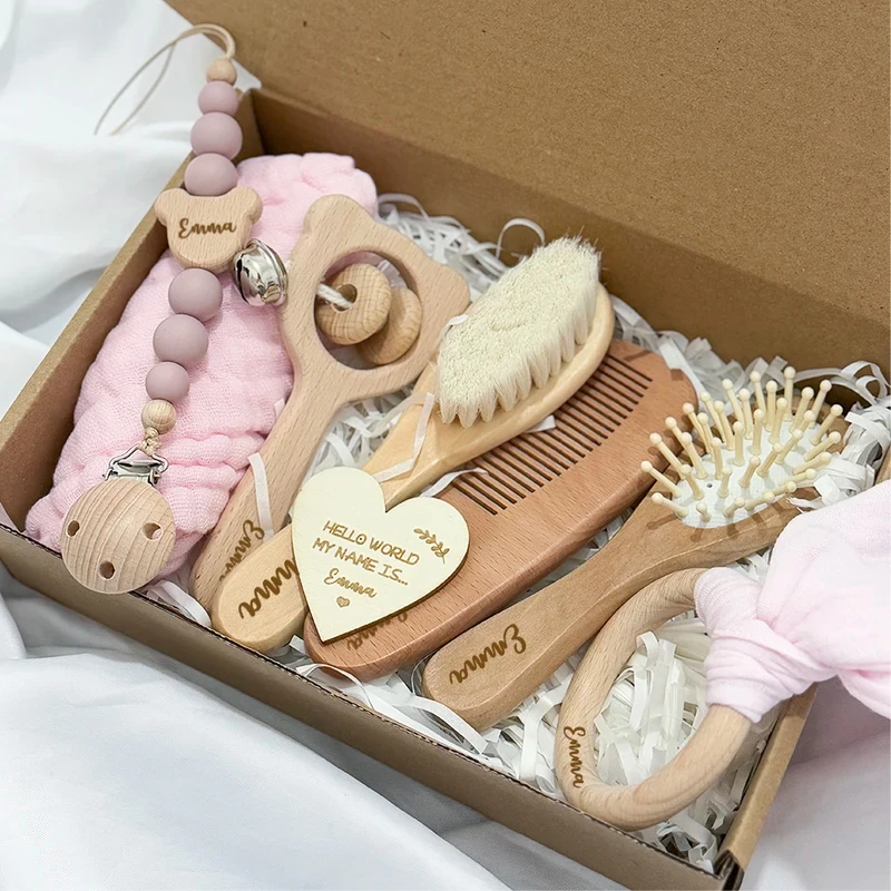 Image of 8-teiliges Personalisiertes Holz-Geschenkset mit Geschenkbox, Individuelles Geburtstagsgeschenk, Benutzerdefinierter Namens-Pinsel für Partys
