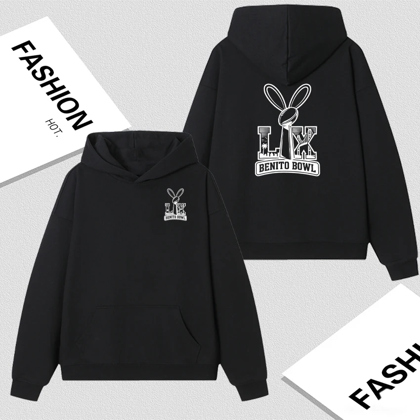 

Super Bowl Bad Bunny Fleece Autumn Winter Double Sided Print Hoodie Long sleeve Casual Men Women Sweatshirt Streetwear Pullover