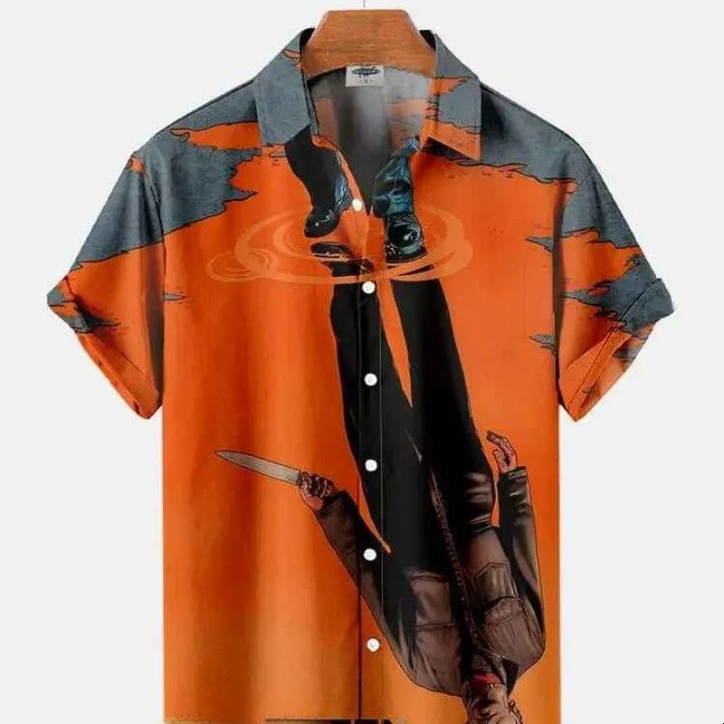 Slim Fit Men's Business T-shirt Summer Halloween Pattern Color Youth Fashion PU Leather Sleeve Nine Points CleanFit Henry Shi...