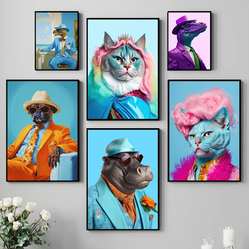 Animal's Gorgeous Cross Dressing Poster Cat Queen Fashionable Fox Posh Hippo Canvas Painting Funny Wall Art Picture Home Decor