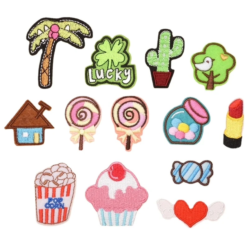 

50pcs/Lot Luxury Embroidery Patch Clothing Decoration Coconut Cactus House Candy Tree Bird Cake Heart Wing Clover Diy Applique