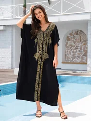 2024 Boho Gold ricamo stampato manica a pipistrello abito caftano per le donne Sexy scollo a V Beachwear vacanza costume da bagno Cover-up Q1700