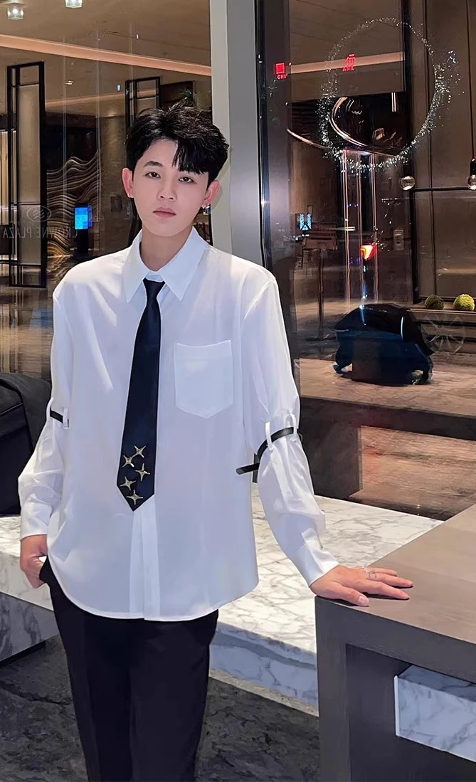 Fashion Long-sleeve Shirts Men's 2025 Four Seasons Wear Niche Tie Leather Buckle Design Tops Trendy Loose Versatile Chic Shirts