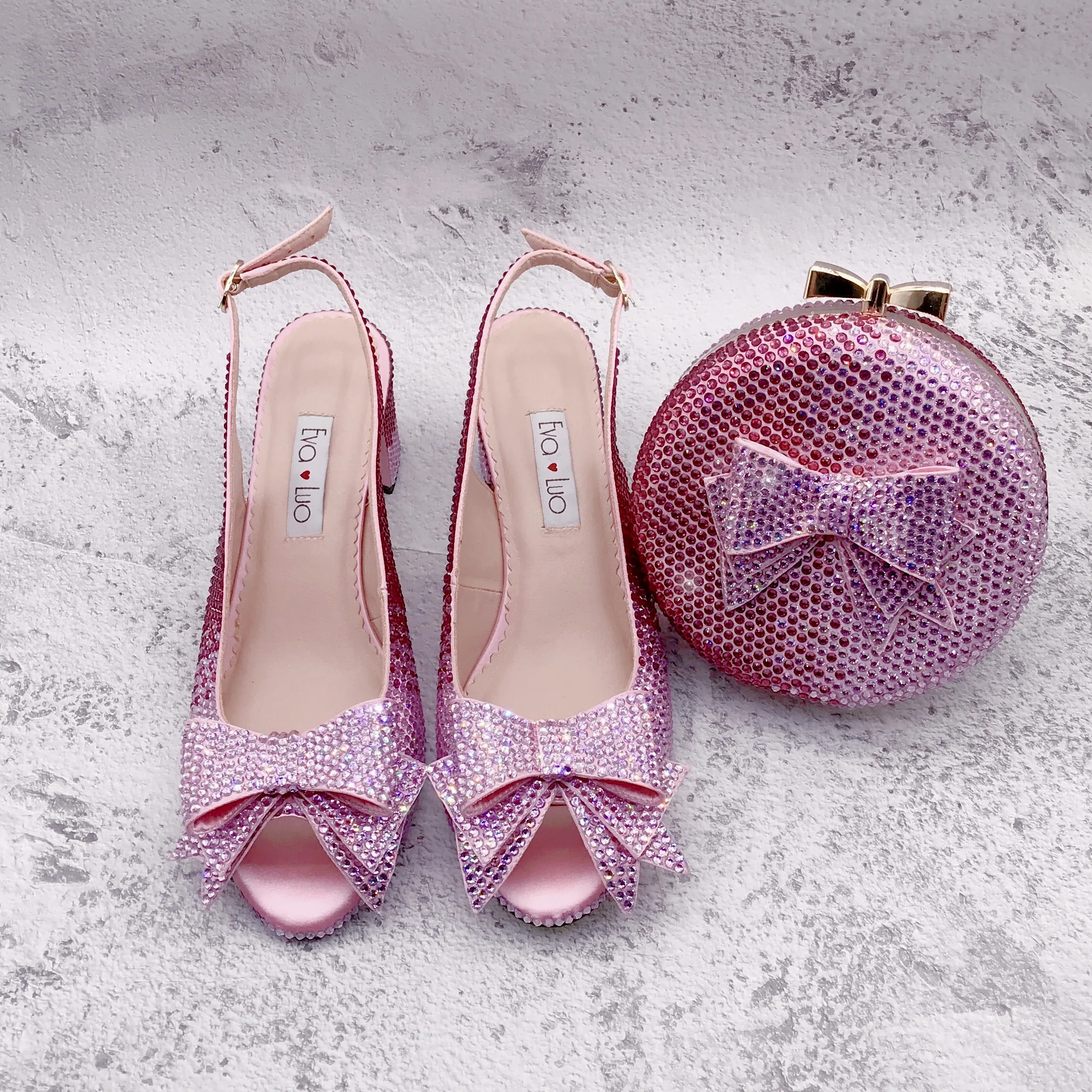 BS1620  Custom Handmade Low Heel Women Shoes Dress Pumps  Bridal Wedding Shoes Fuchsia Pink  Crystal Shoes With Matching Bag Set