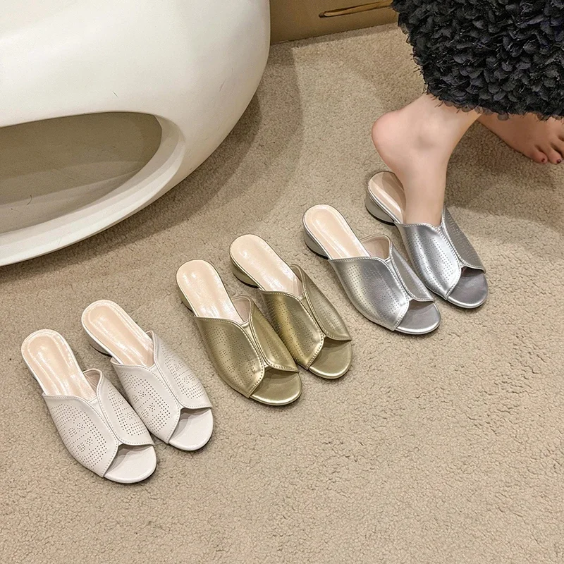 Summer Slipper for Women Gold Elegant Low Heels Slipper Silver Soft Leather High-Heeled Sandals Casual Shoes Size 35--43