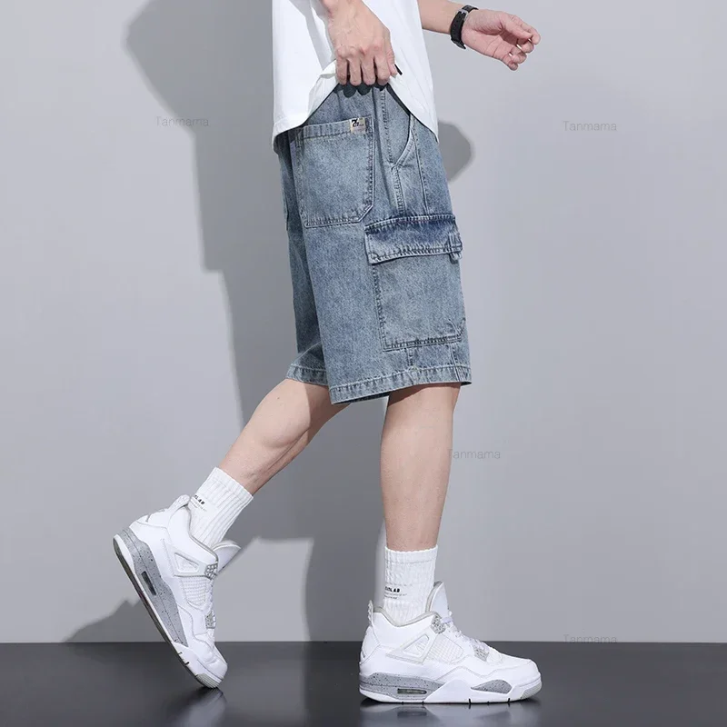 Summer New Fashion Korean  Men\'s Oversized Denim Shorts Elastic Waist Baggy Casual Knee-length Cargo Pants  Streetwear Blue Grey