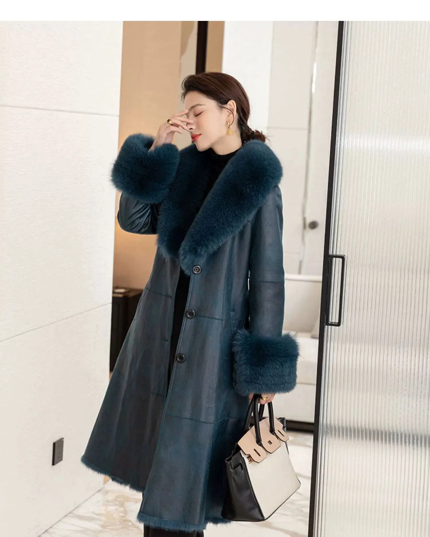 2023 New Rabbit Fur One Piece Coat for Women Mid length Fox Fur Collar Lace up Slim Fit Haining Fur Coat for Women