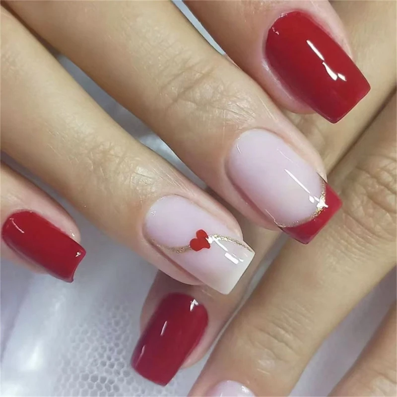 24Pcs Square Fake Press On Artificial False Glues On Valentine Designs French Tips Gifts Dropship