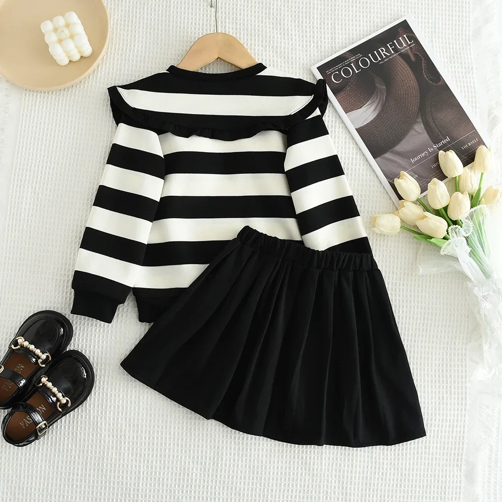 Autumn Fashion New Children's Sets Black and White Striped Lapel Top+Pleated Skirt Girls' Casual Clothes for 3 4 5 6 7 Years Old