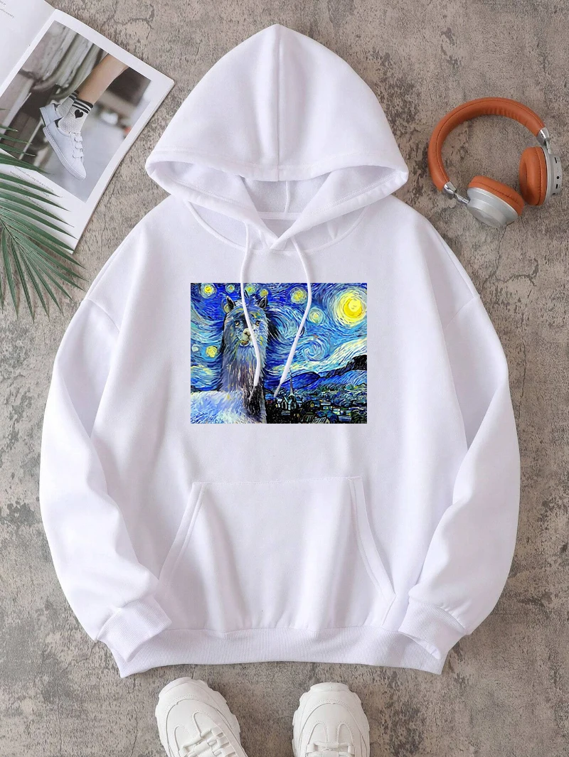 Van Gogh Starry Sky Hoodies Womens Funny Alpaca Printing Sweatshirt Fleece Warm Pocket Loose Sportswear Winter Womans Clothes