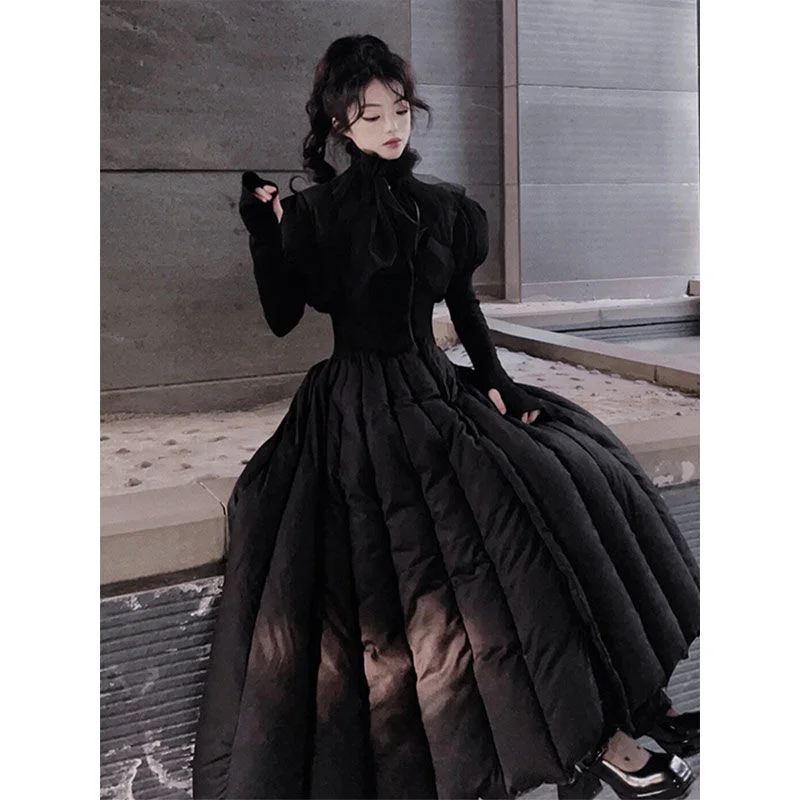 Fashionable Slim Down Long Skirt, Winter Black Waist Cinched High Neck Dress, Versatile And Casual Fluffy Skirt With Temperament