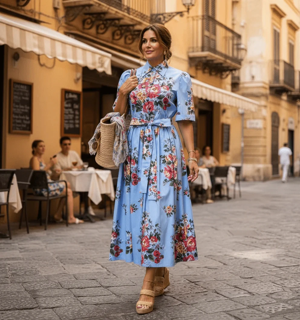 Women Blue Floral Cotton Midi Shirt Dress Summer Short Sleeve Button Down Turn-Down Collar Elegant Beach Vacation Sundress 2026