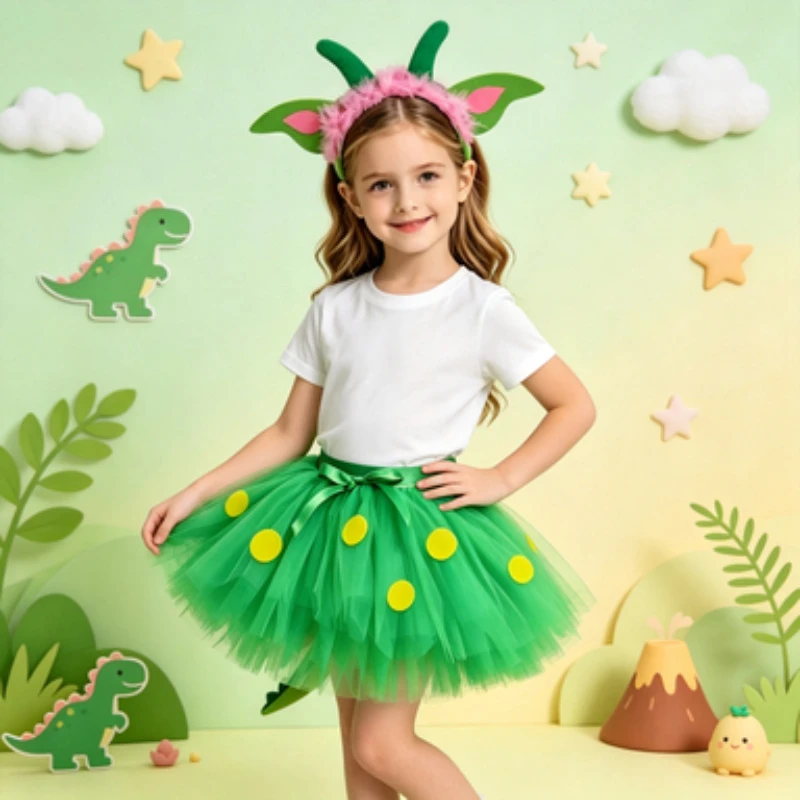 Green Dinosaur Mesh Tutu Skirt for Toddler Girls, Fluffy Tulle Princess Half Skirt for Kids, Halloween Daily Party Clothing