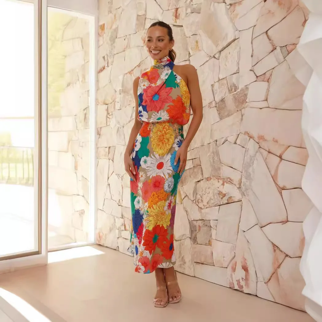 Robe d'été à grande fleur imprimée, col, taille, dos nu, design, style vacances, nouvelle mode, 117