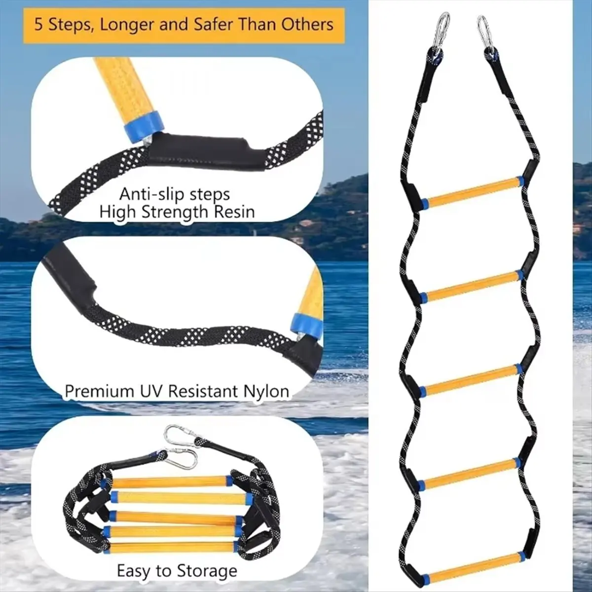【CYBER MONDAY】5-Step Boat Yacht Ladder Boat Life Ladder Rope Ladder Hanger Ladder Buckle Rope Ladder Fishing Boat Kayak Accessor