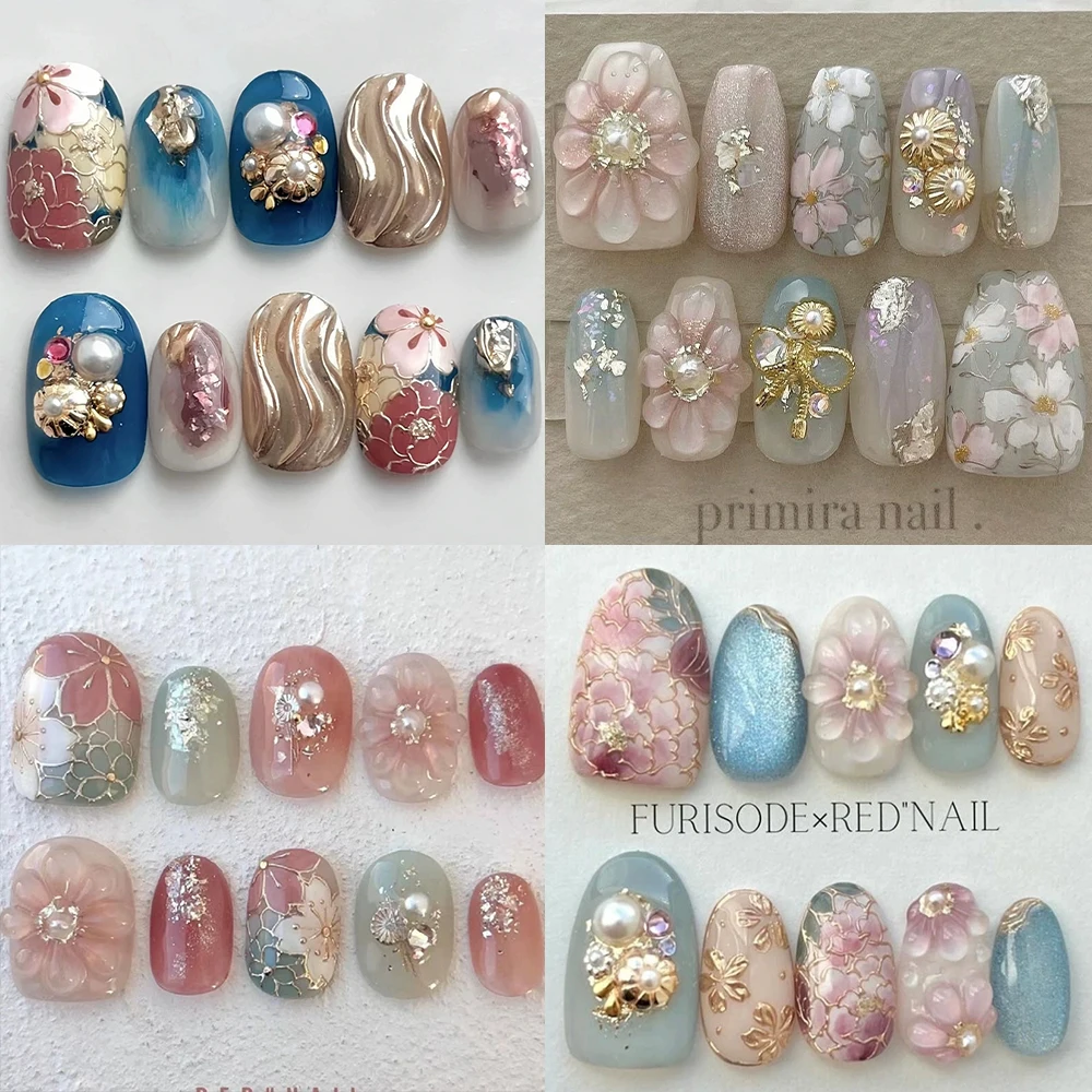 

10Pcs Light Luxury Handmade Almond Press On Nail Art Gilding Flower Pearl Diamond Design Wearable Nails Party Stickers Gift