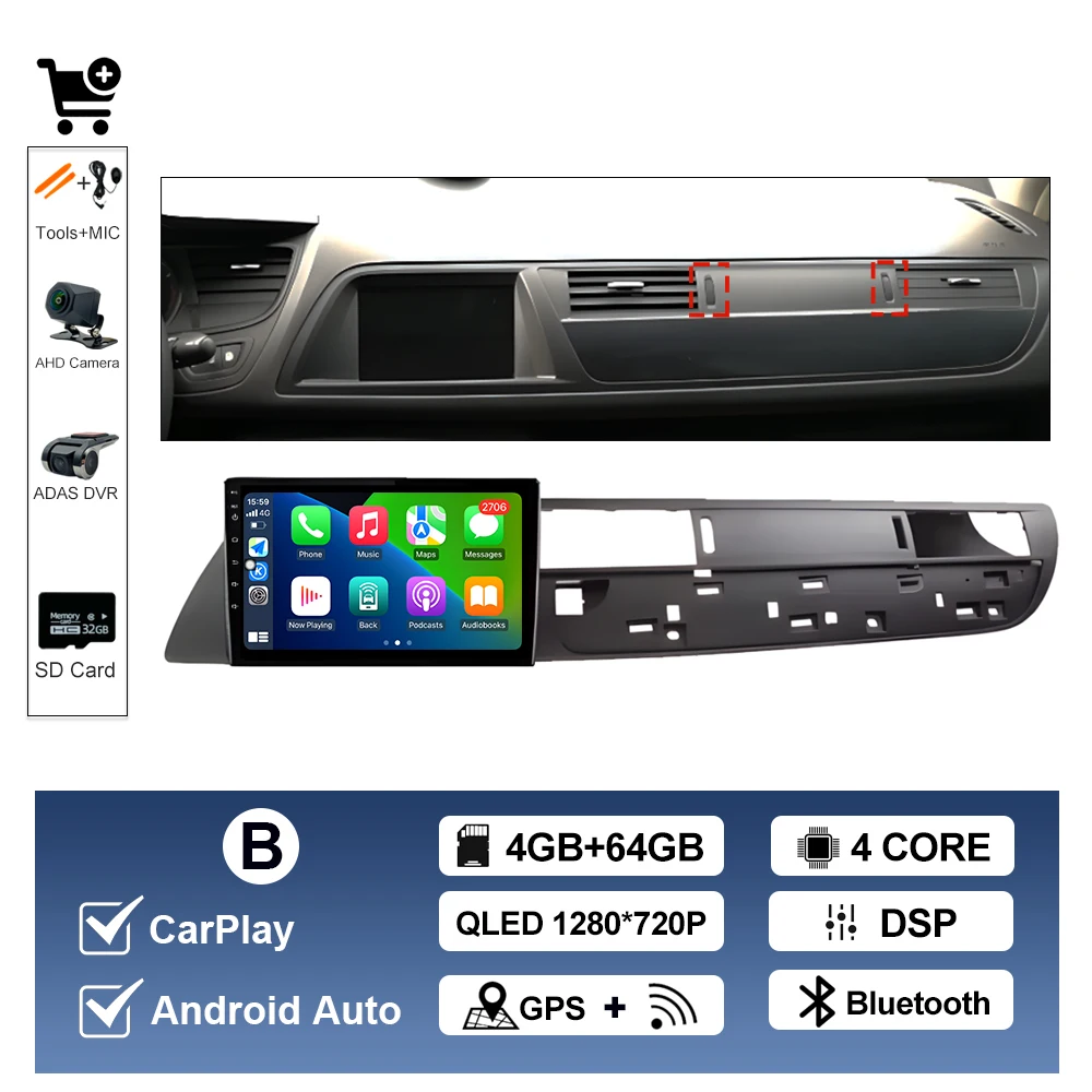Draadloze Carplay Voor Citroen C5 2008 2009 2010-2016 Android AUTO Autoradio Multimedia Speler GPS Navigatie WIFI DSP Stereo BT