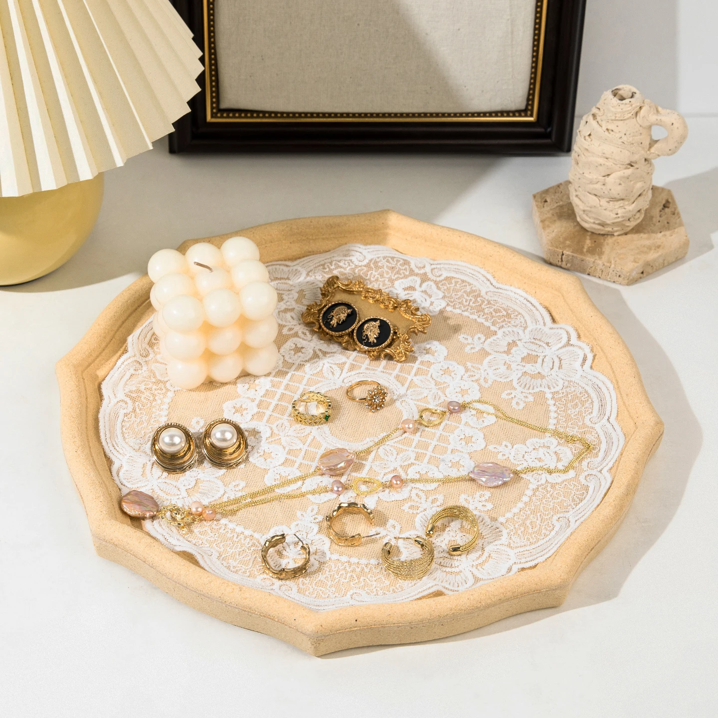 Ins Style Lace on Wooden Tray, Bohemian Jewelry Display for Necklace Earrings Ring, Photo Prop for Live Stream
