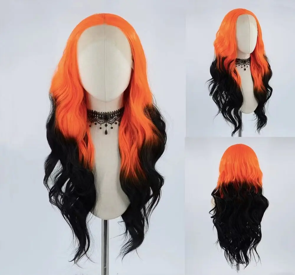 Orange into Black Loose Wavy Synthetic Lace Front Wavy Cosplay Wigs