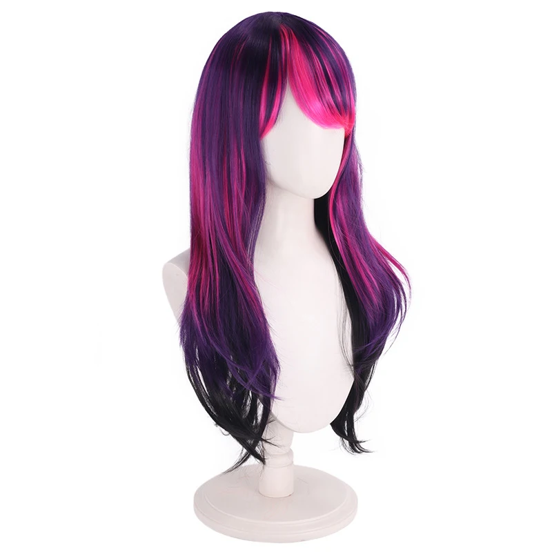 Cosplay wig with purple gradient pony headgear, anime long curly hair