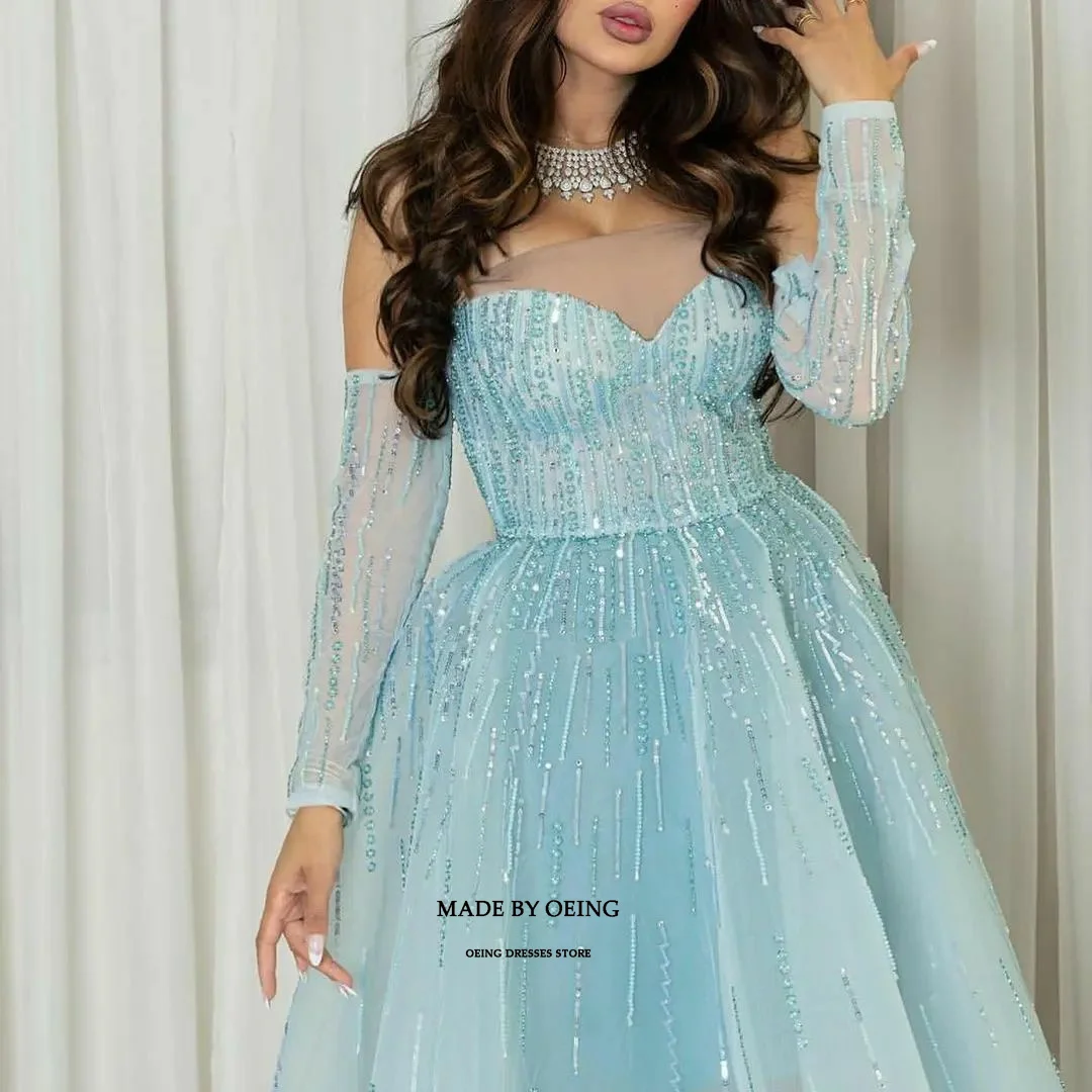 OEING Sky Blue Princess A-Line Prom Dresses Fairy Tulle Tiered Sheer Neck Evening Dress Formal Occasion Gown Vestidos De Fiesta