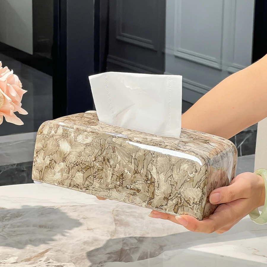 Marble Pattern Shell Texture Tissue Box Rectangular Resin Tissue Holder for Bathroom Desk Office Luxury Home Decor Gift