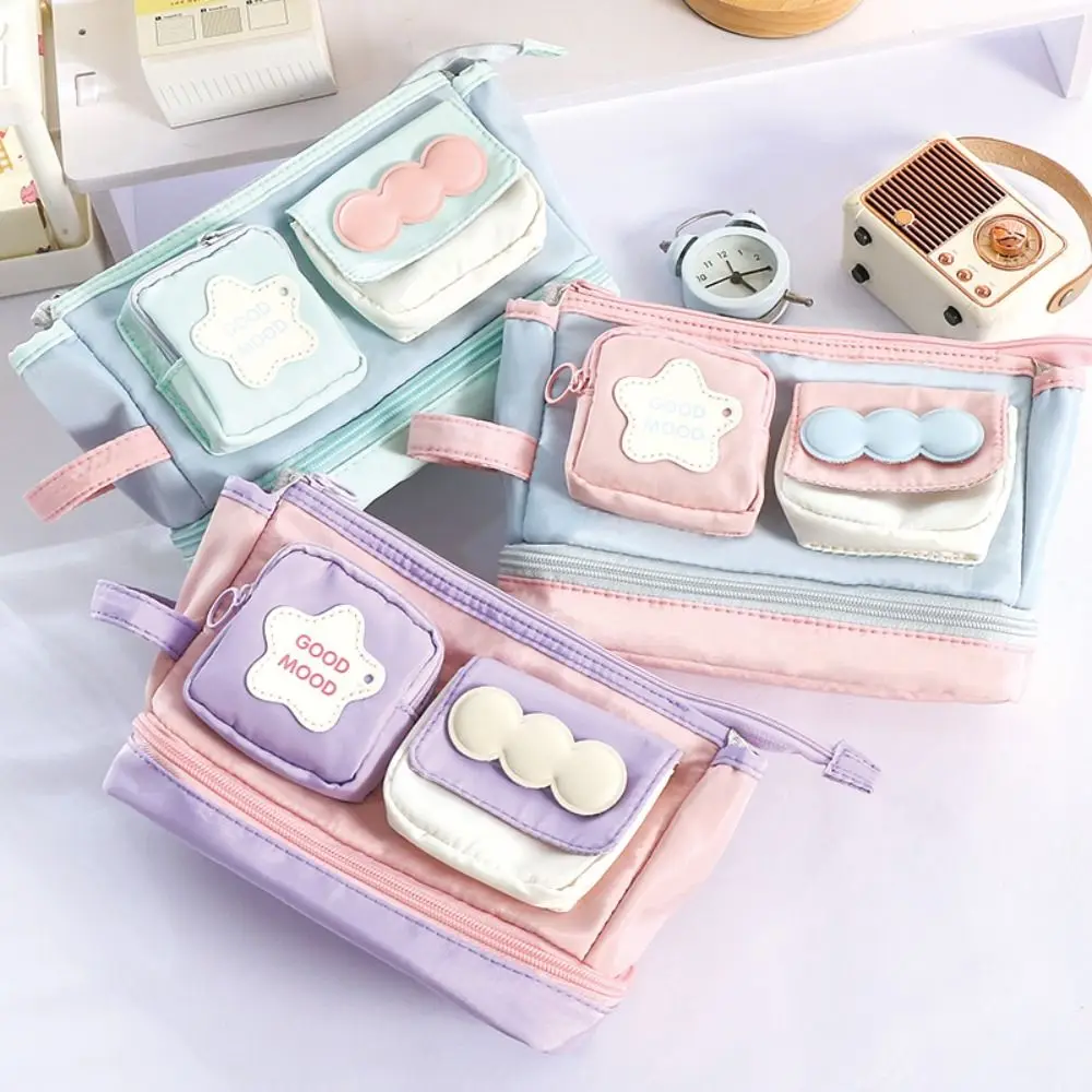 New Contrast Color Pen Bag Zipper Design Handheld Pencil Case Large Capacity Stationery Storing Bag Students