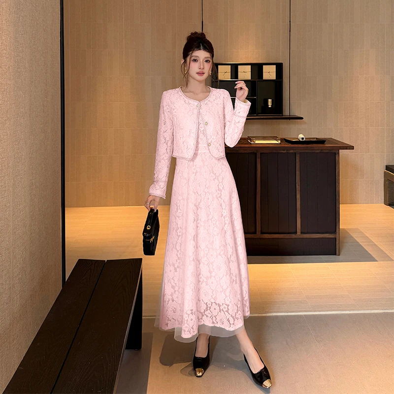 Southeast Asian Women's High-End Fragrance Style Vest Dress Set Rich Girl Elegance Ladylike Princess Fit Long Sleeve round Neck