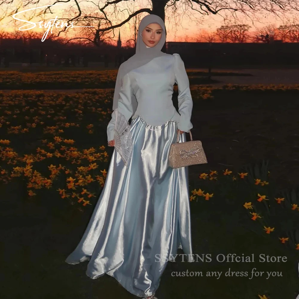 SSYTENS Modest Baby Blue Crepe Evening Dresses Celebrity Full Sleeves Prom Dresses Muslim Luxury Dubai Prom Gown 2027 Customized
