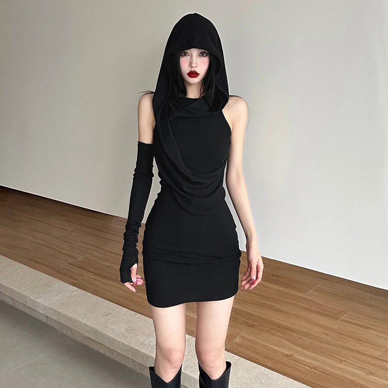

Women's Harajuku Splicing Black Sexy Dress, Hot Girl Fashion, Temperament, Kawaii, Sweet Hooded, Summer, New