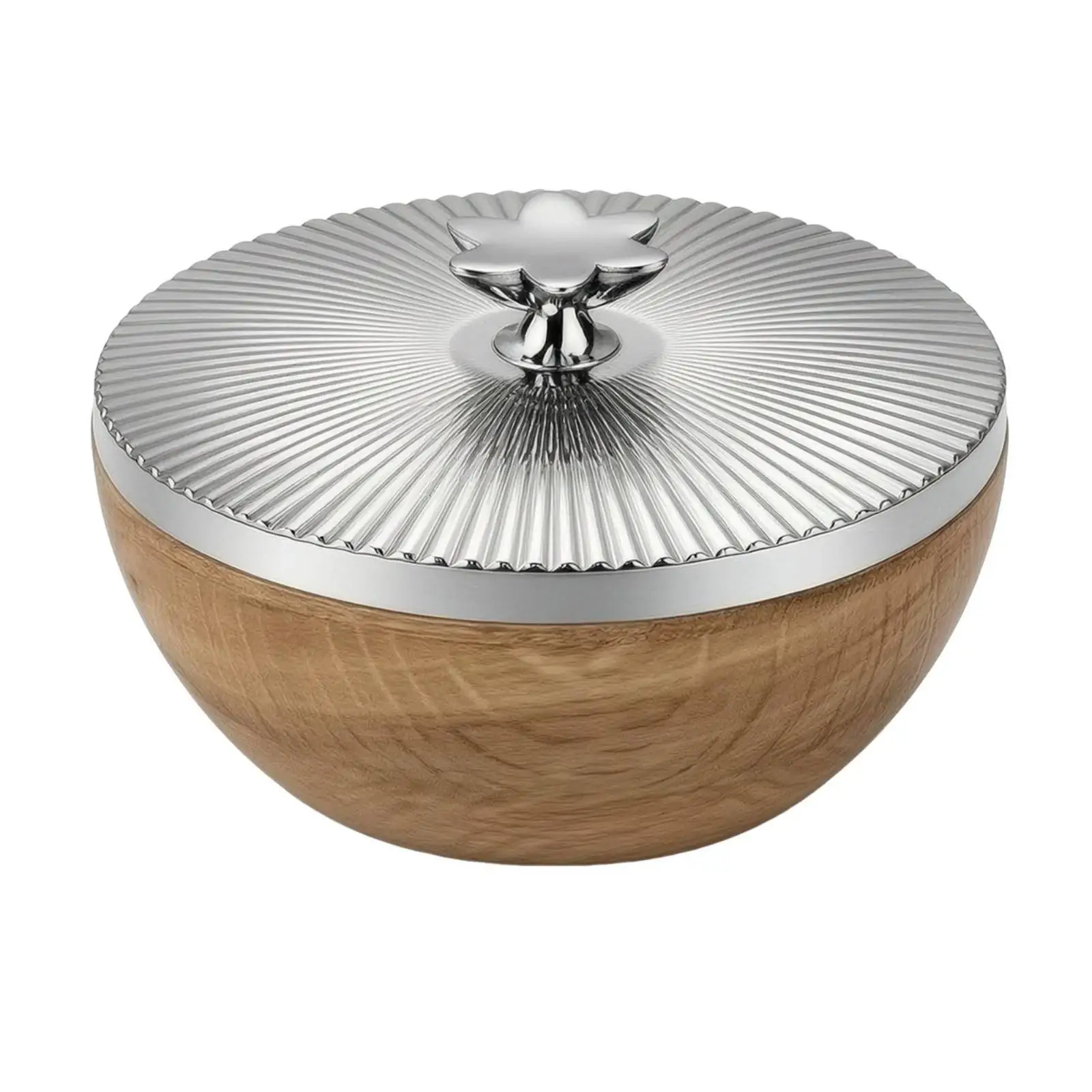 Wood and Stainless Steel Fabric Box Ridged Texture Round Container Flower Knob Snack Jar for Tea Table