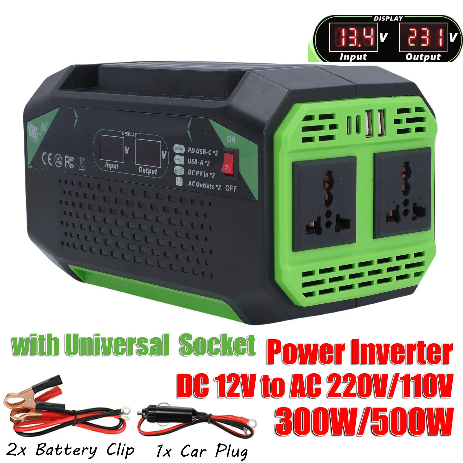 

Modified Sine Inverter 500W 2 USB Ports 2 Outlets Safe Compact 12V To 220V Inverter LCD Display for Camping