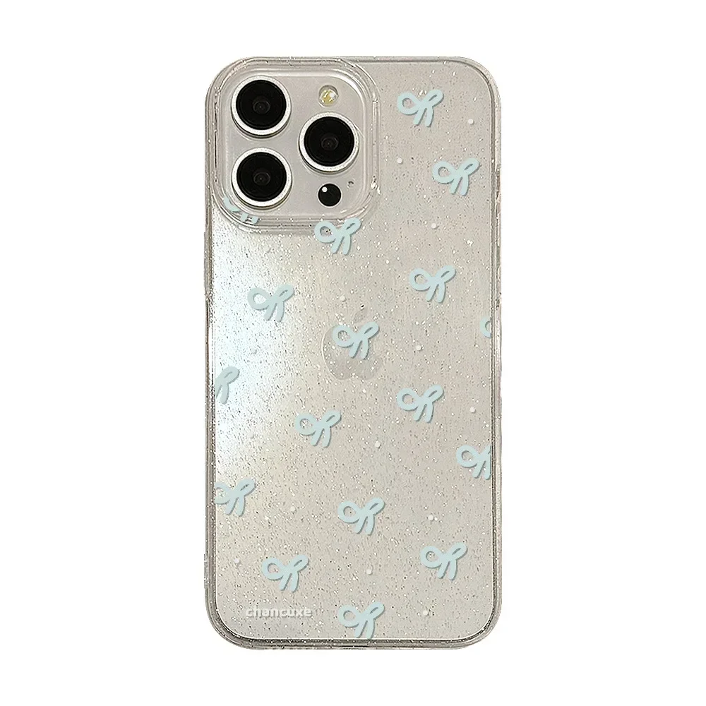 Ins Style Shining Blue Bow Knot Transparent Phone Case, Poly Antichoc Phone Cover, iPhone 16, 15, 14, 12, 13, 11 Pro, Pro Max Plus, X