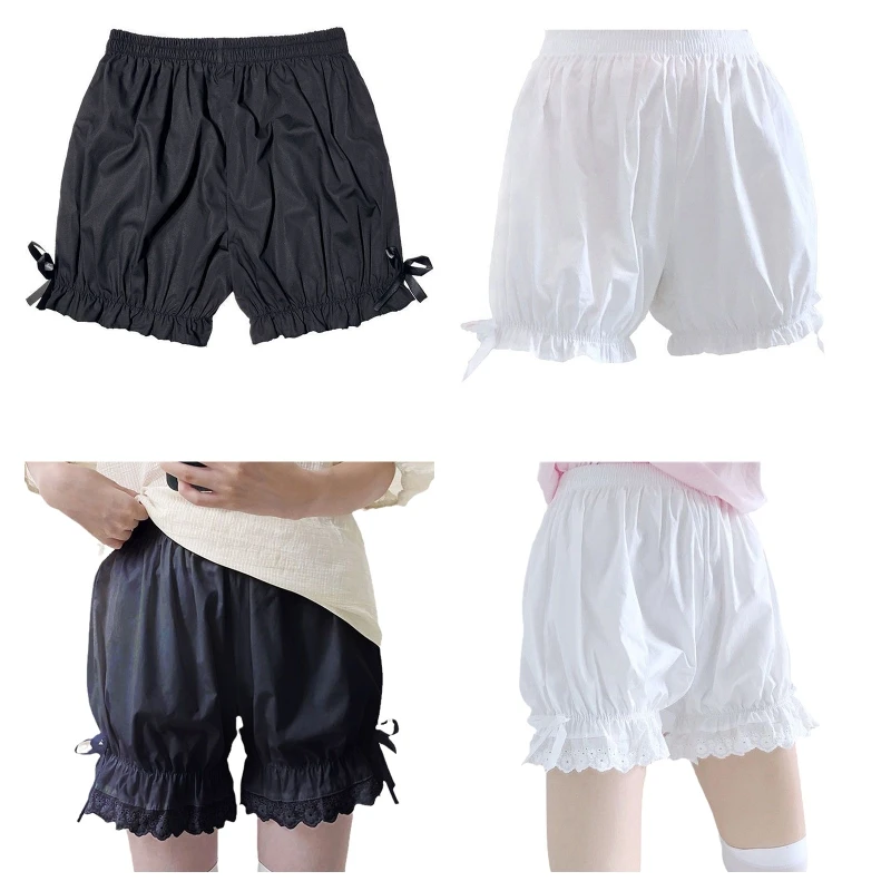 Women Vintage Victorian Gothic Bloomers Ruffled Lace Trim Lolita Pumpkin Shorts Cute Sweet Bowknot Loose Maid Security Safety Pa